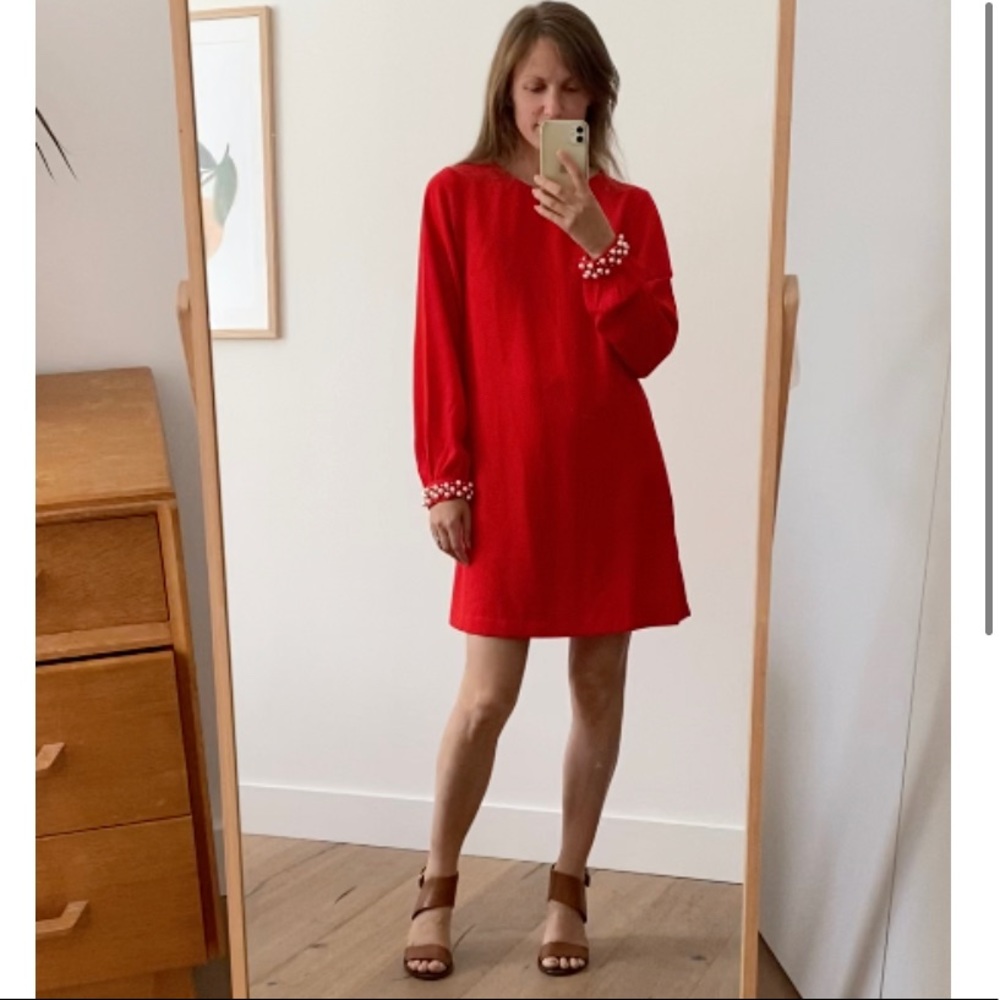 H&M mini boxy red dress with pearl cuff details